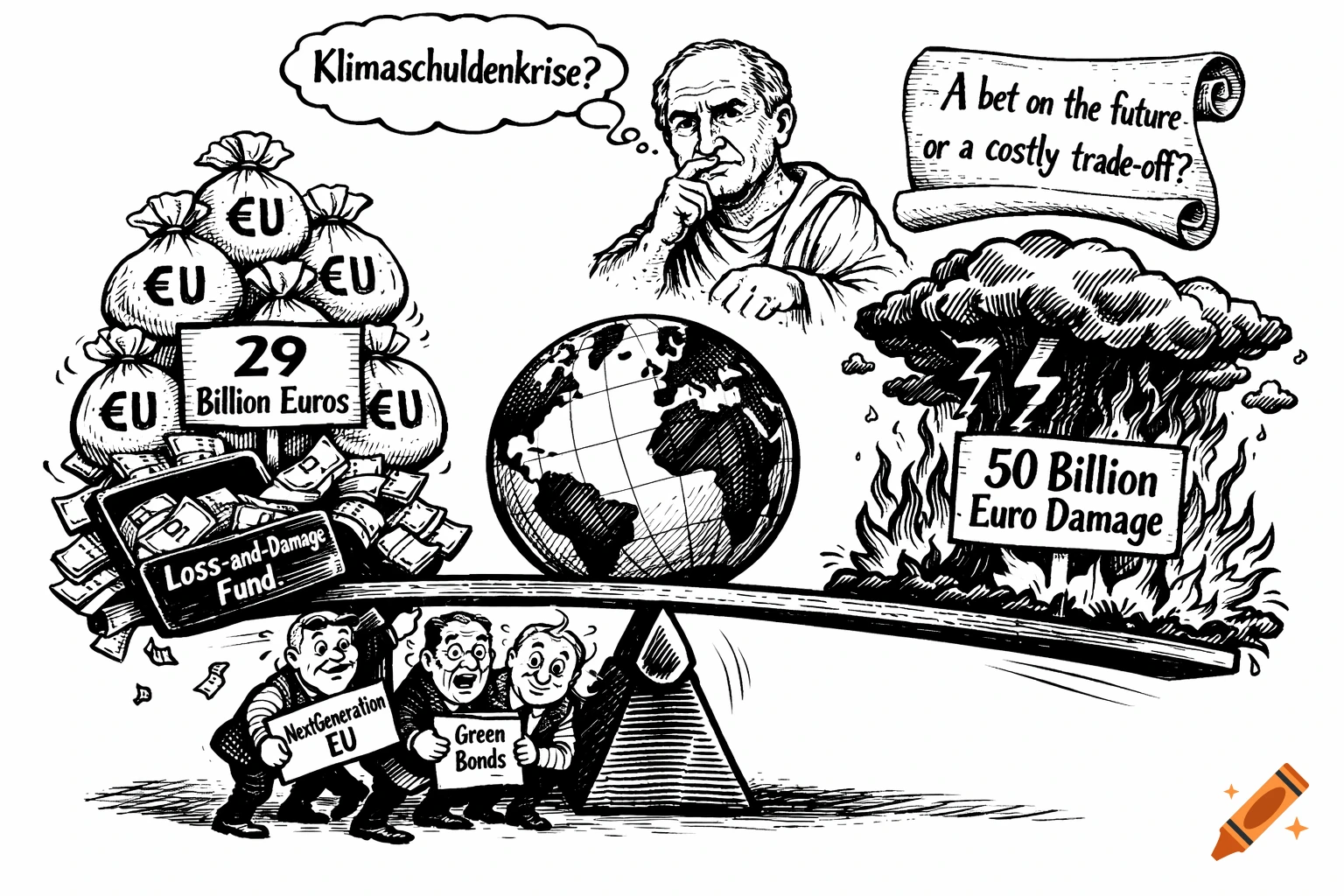 A black and white cartoon shows a seesaw balancing money bags and a 'Loss-and-Damage Fund' against a burning cloud with '50 Billion Euro Damage'. Figures below hold 'NextGeneration EU' and 'Green Bonds' signs. A man thinks 'Klimaschuldenkrise?' and a scroll asks 'A bet on the future or a costly trade-off?' with Earth in the center.