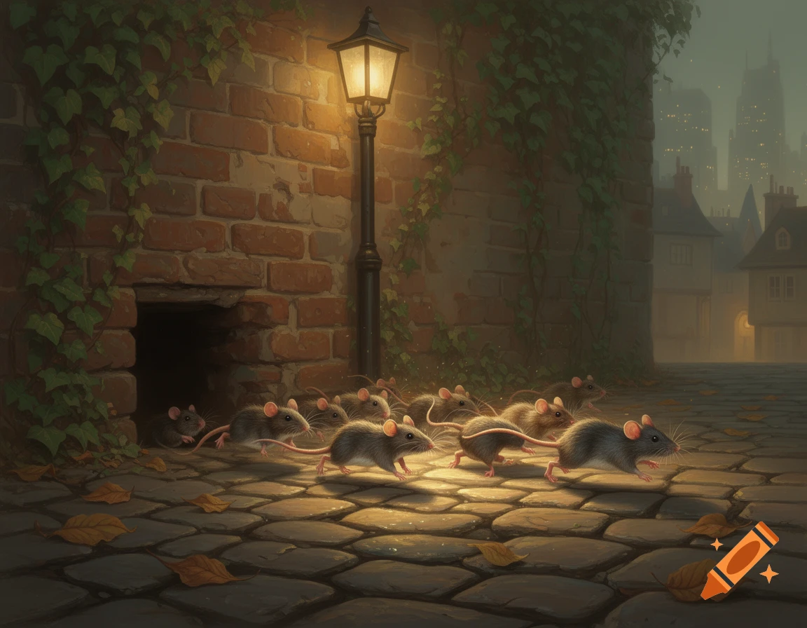 A group of rats scurries out of a dark hole in a brick wall, illuminated by a street lamp on a cobblestone street at dusk.
