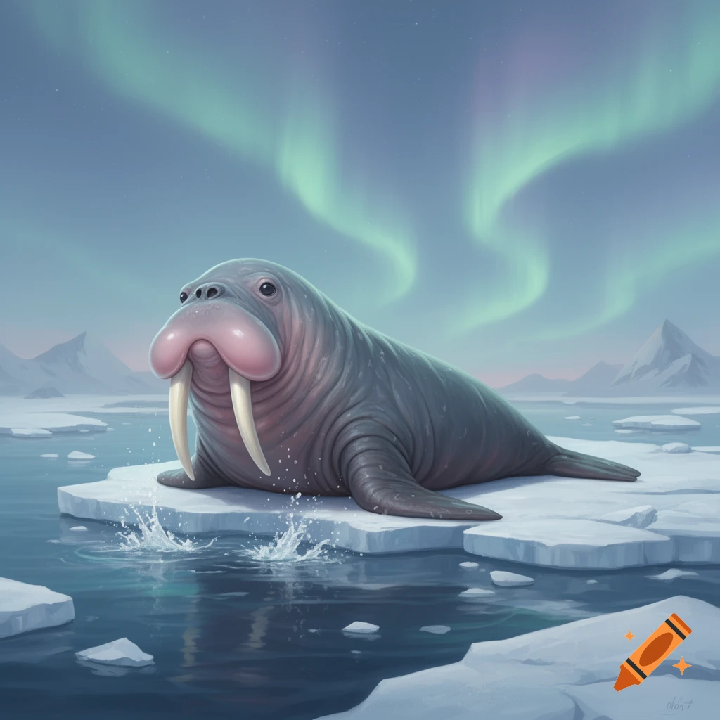 A cartoonish walrus-like creature with a pink snout and white tusks rests on an ice floe under green aurora borealis.