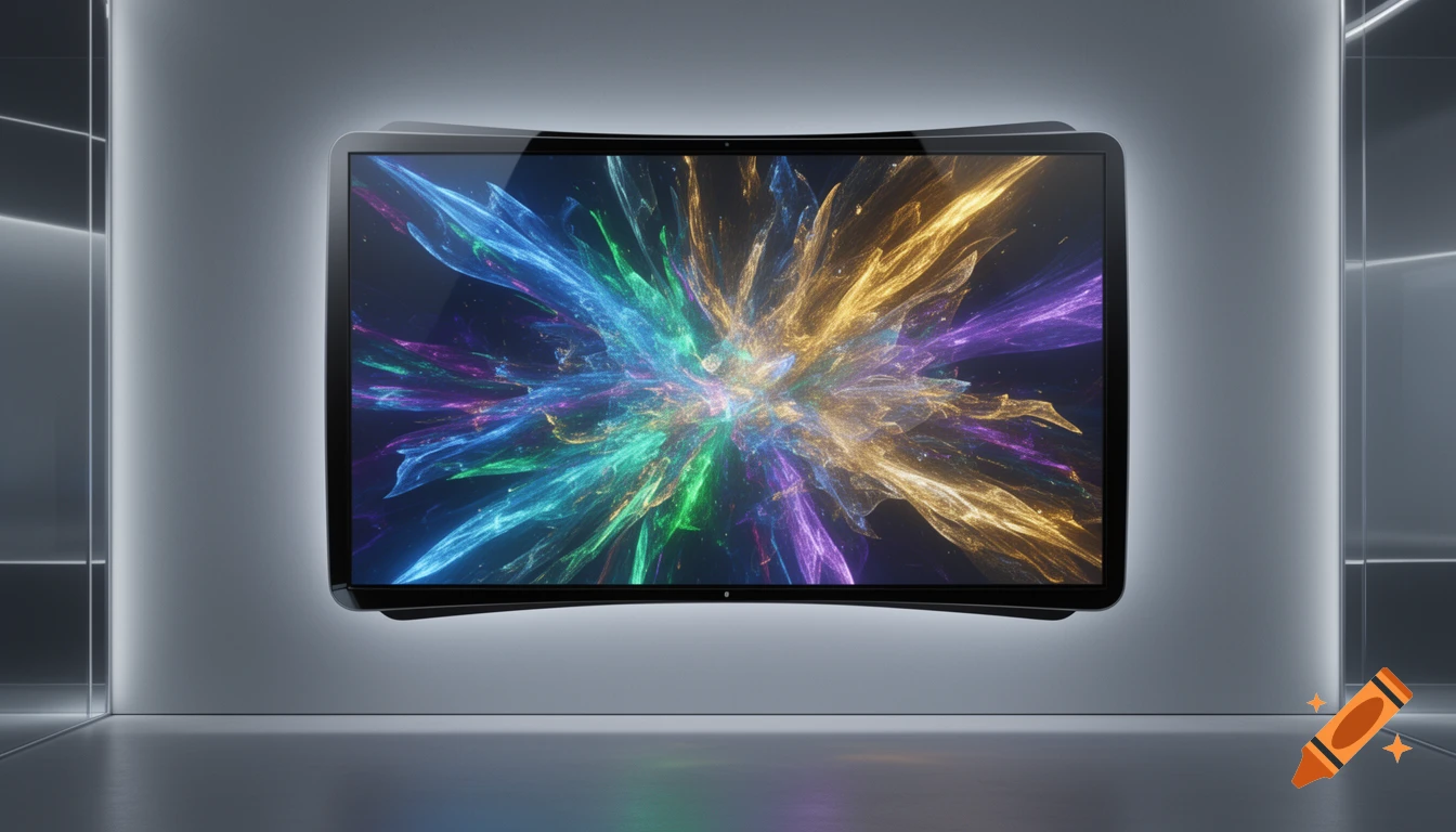 A sleek, modern television screen displays a vibrant, colorful abstract explosion of light and particles in a minimalist room.
