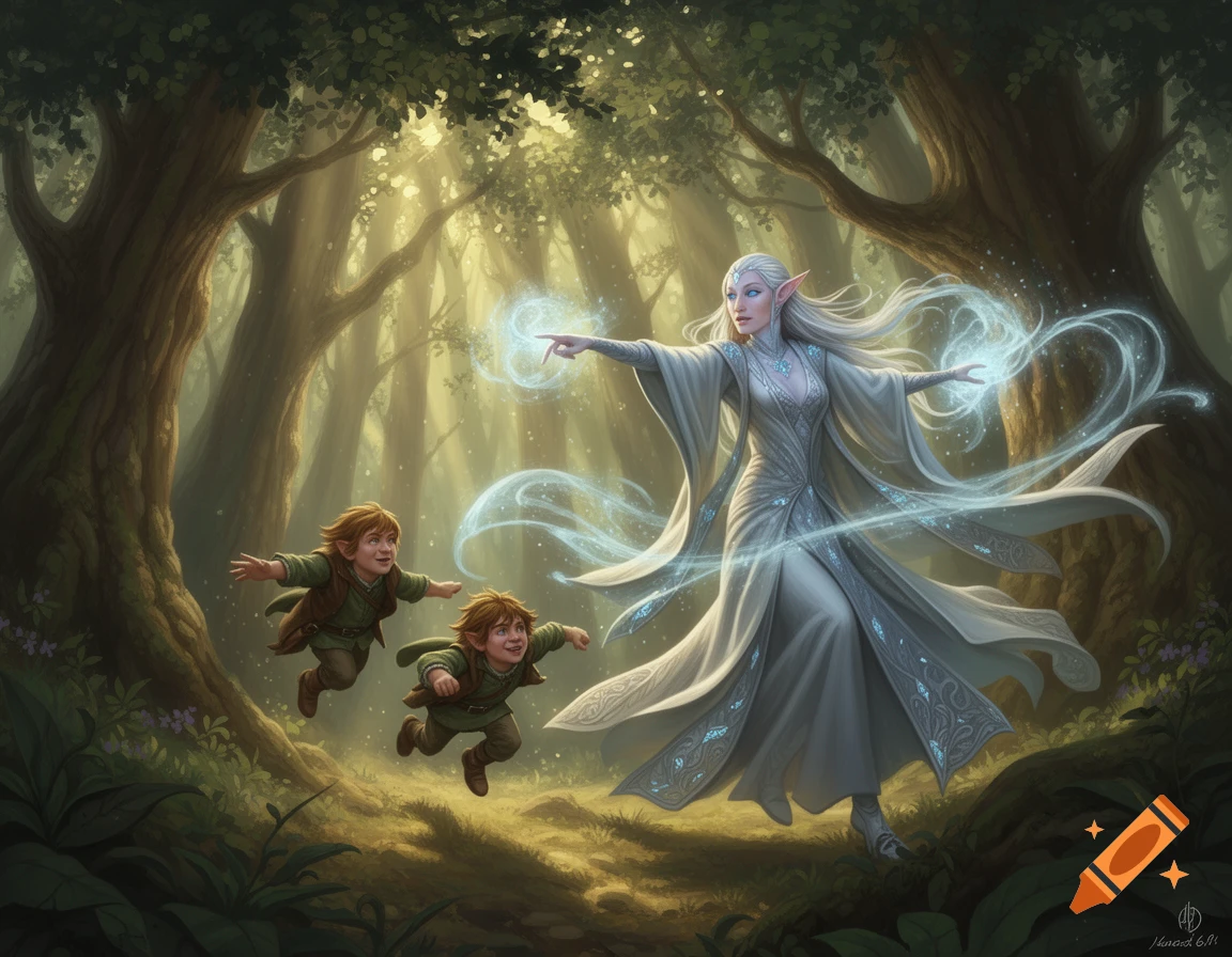 A white-haired elf woman in a white gown casts glowing blue magic as two small, hobbit-like boys float away in a sunlit forest.