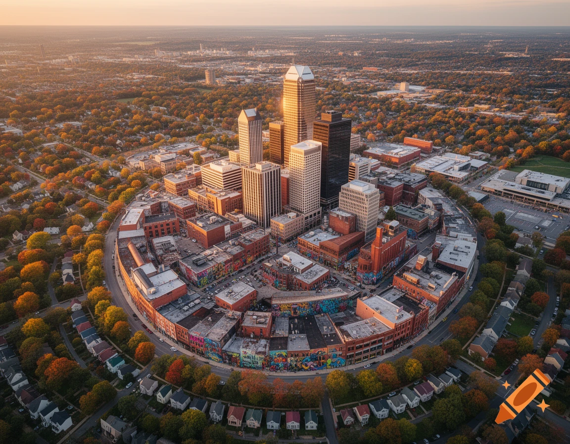 Aerial view of a city with a central cluster of tall buildings, surrounded by a circular ring of smaller buildings and residential areas with autumn trees, at sunset.