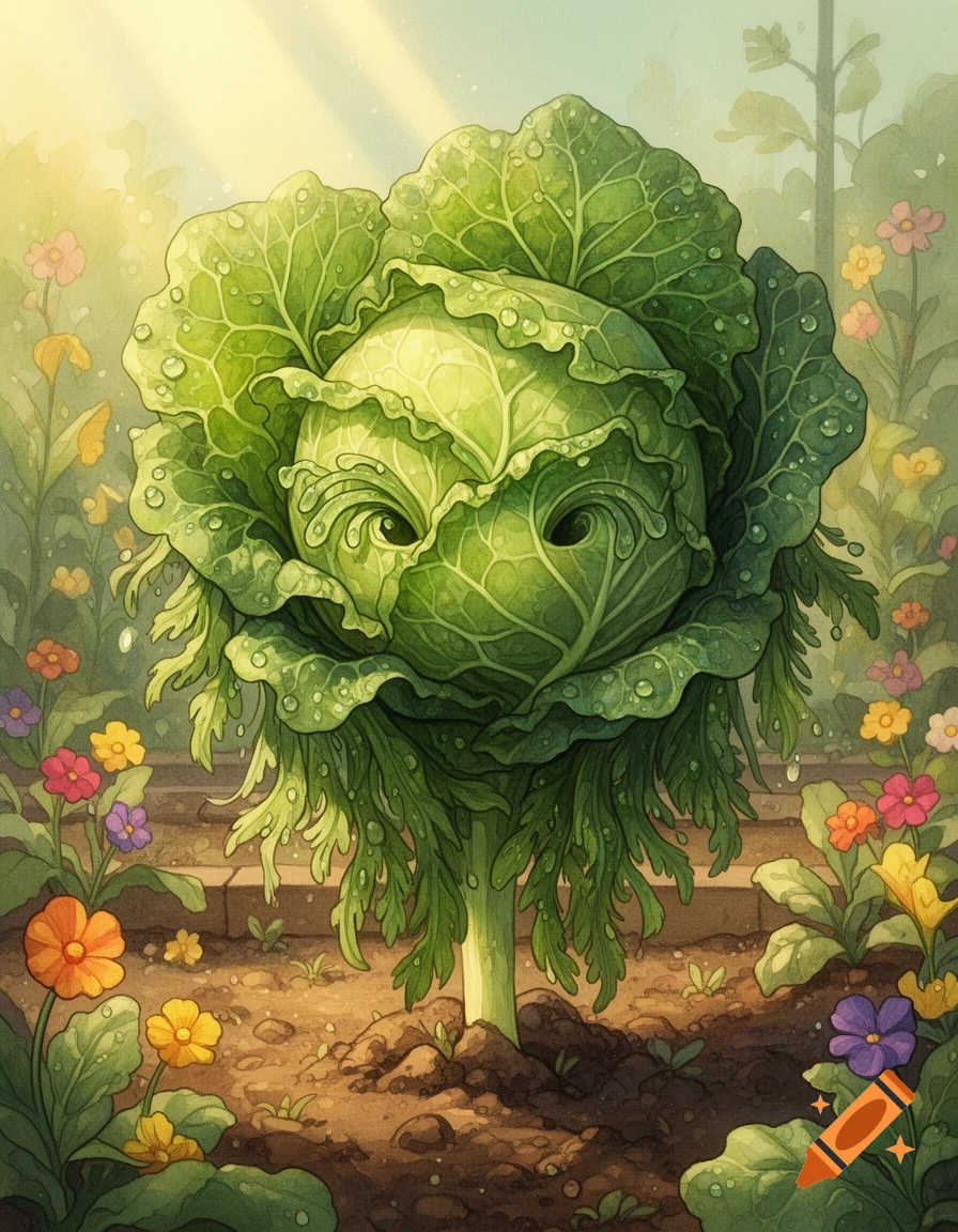 Whimsical illustration of an anthropomorphic cabbage with eyes, growing in a lush garden with colorful flowers.