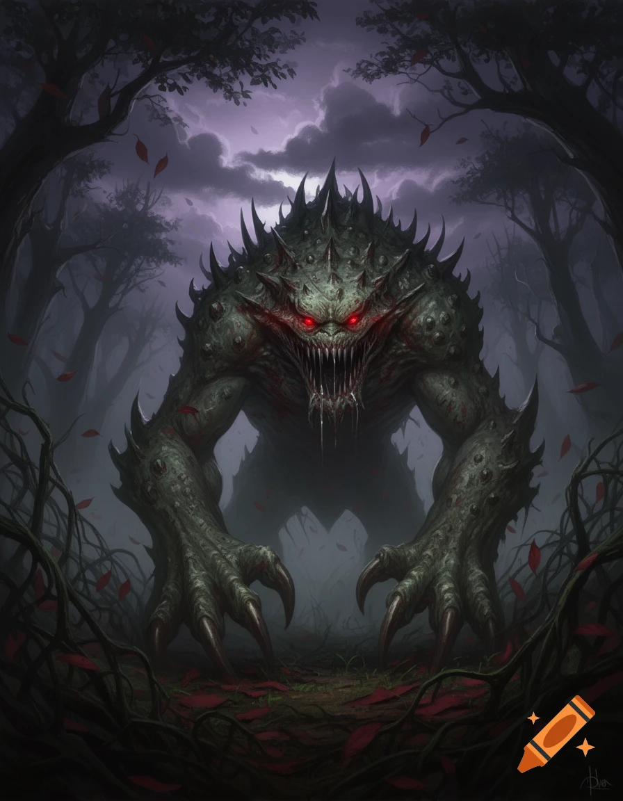 A menacing, spiky green monster with glowing red eyes and sharp teeth ...