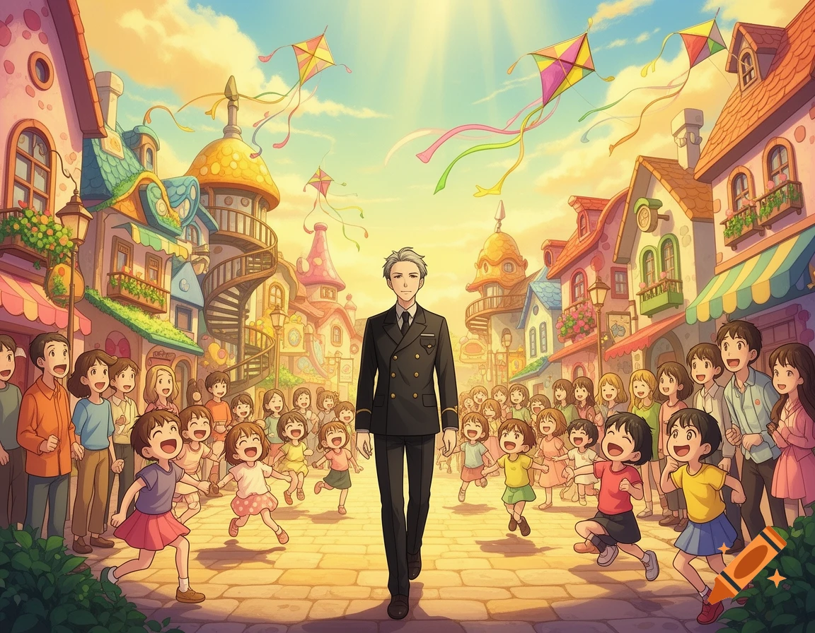 An anime scene of a serious man in a dark uniform walking through a colorful, vibrant town, surrounded by cheering children and watching adults, with kites flying in a sunny sky.
