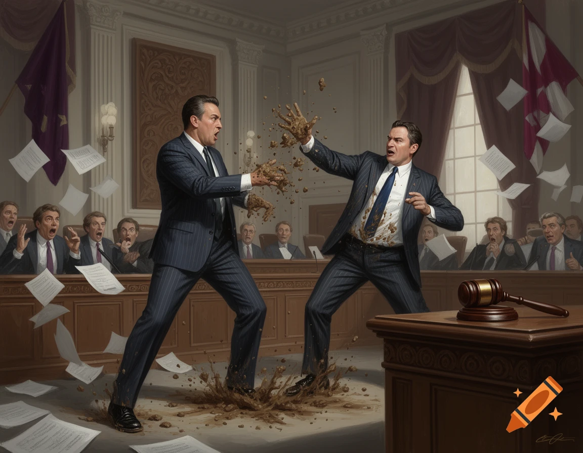 Two suited men angrily fling mud at each other in a formal chamber filled with flying papers and shocked onlookers, in a detailed illustration.