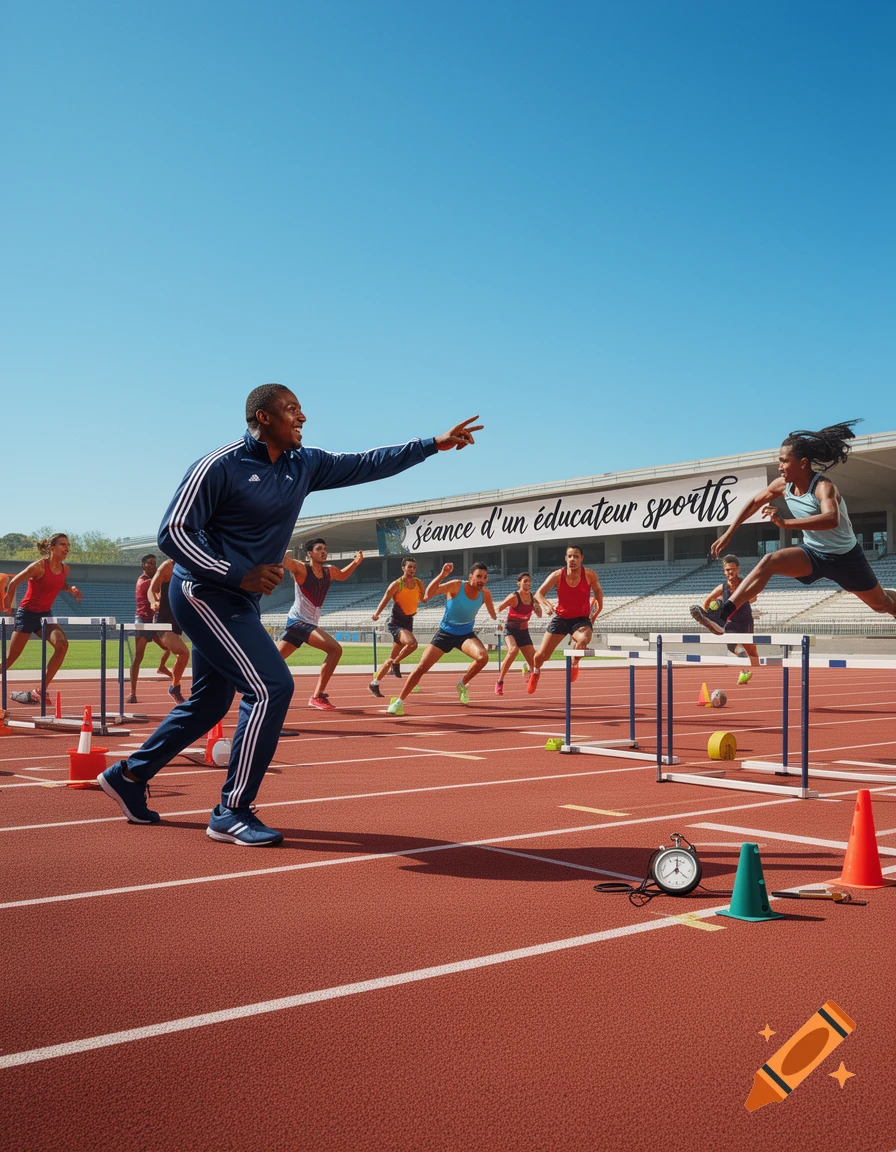 A coach points to athletes running and jumping hurdles on a track during a sunny outdoor training session.