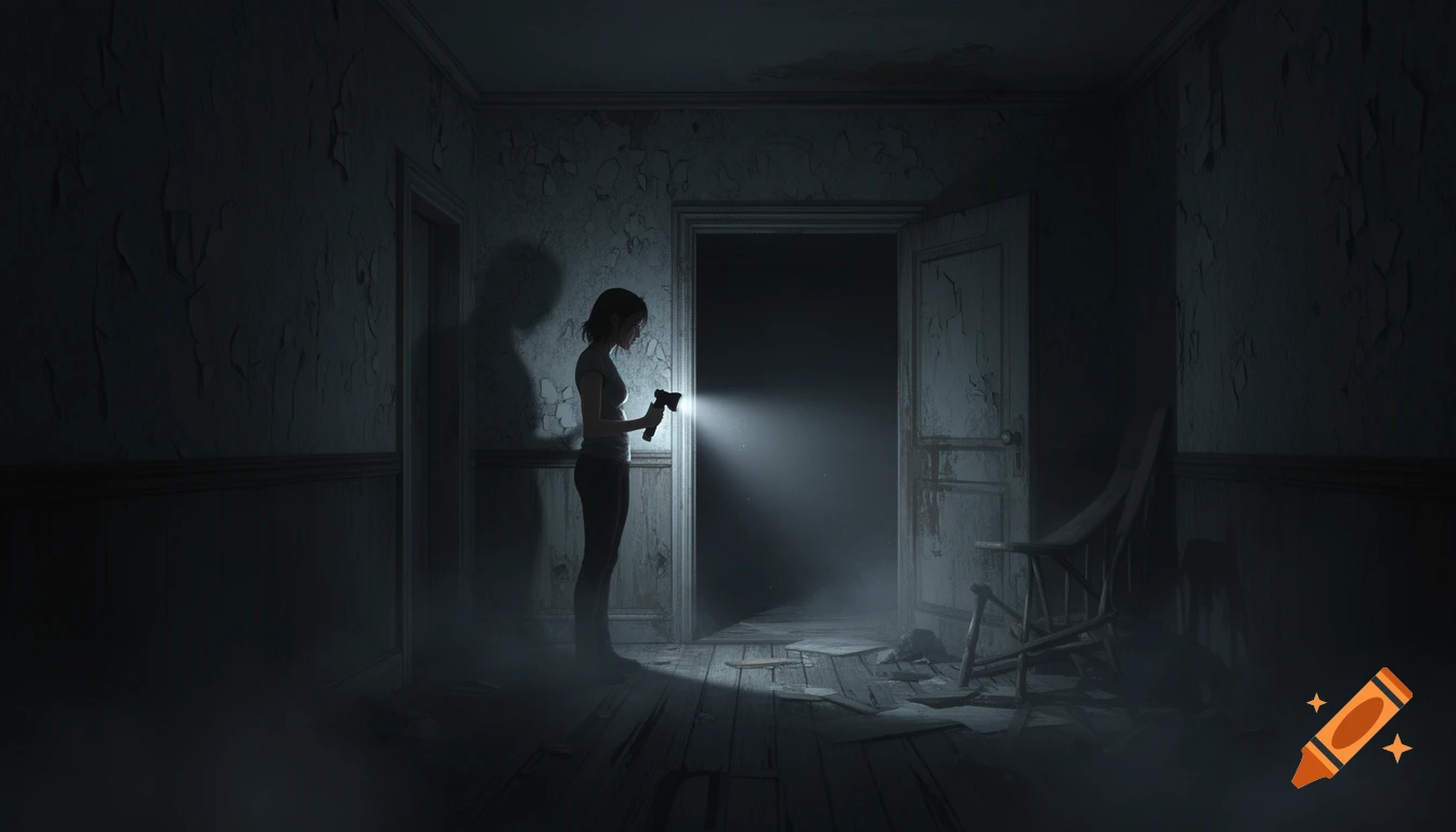 A woman in a dark, dilapidated room stands in a doorway, illuminating the space with a flashlight. Video game screenshot style.