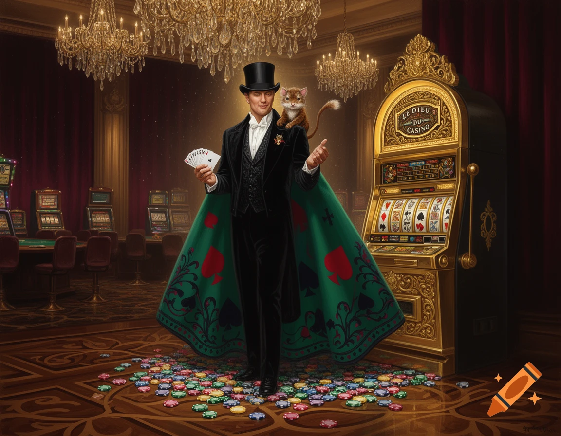 A man in a top hat and green poker-themed cape stands in a luxurious casino, holding cards, with a niffler on his shoulder and chips at his feet.