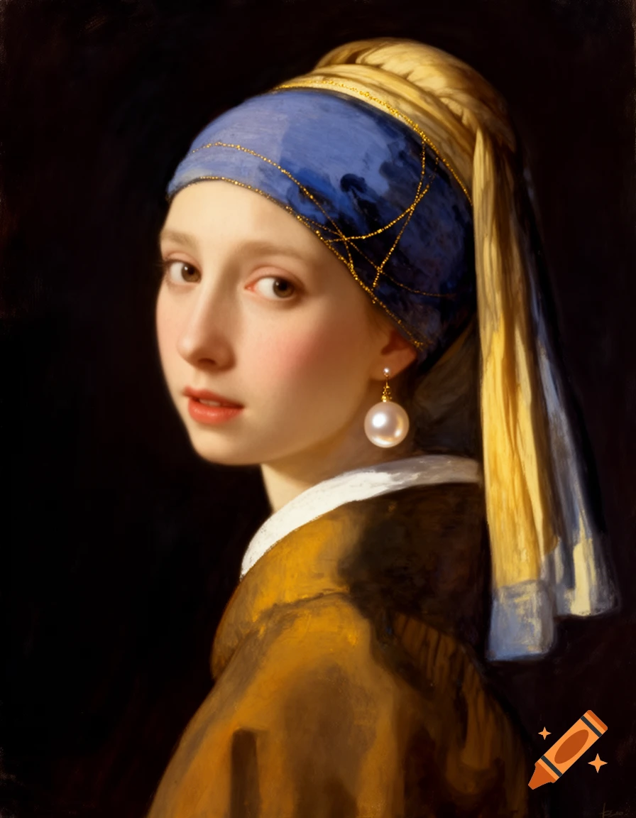 A painted portrait of a young woman with a blue and yellow headscarf ...