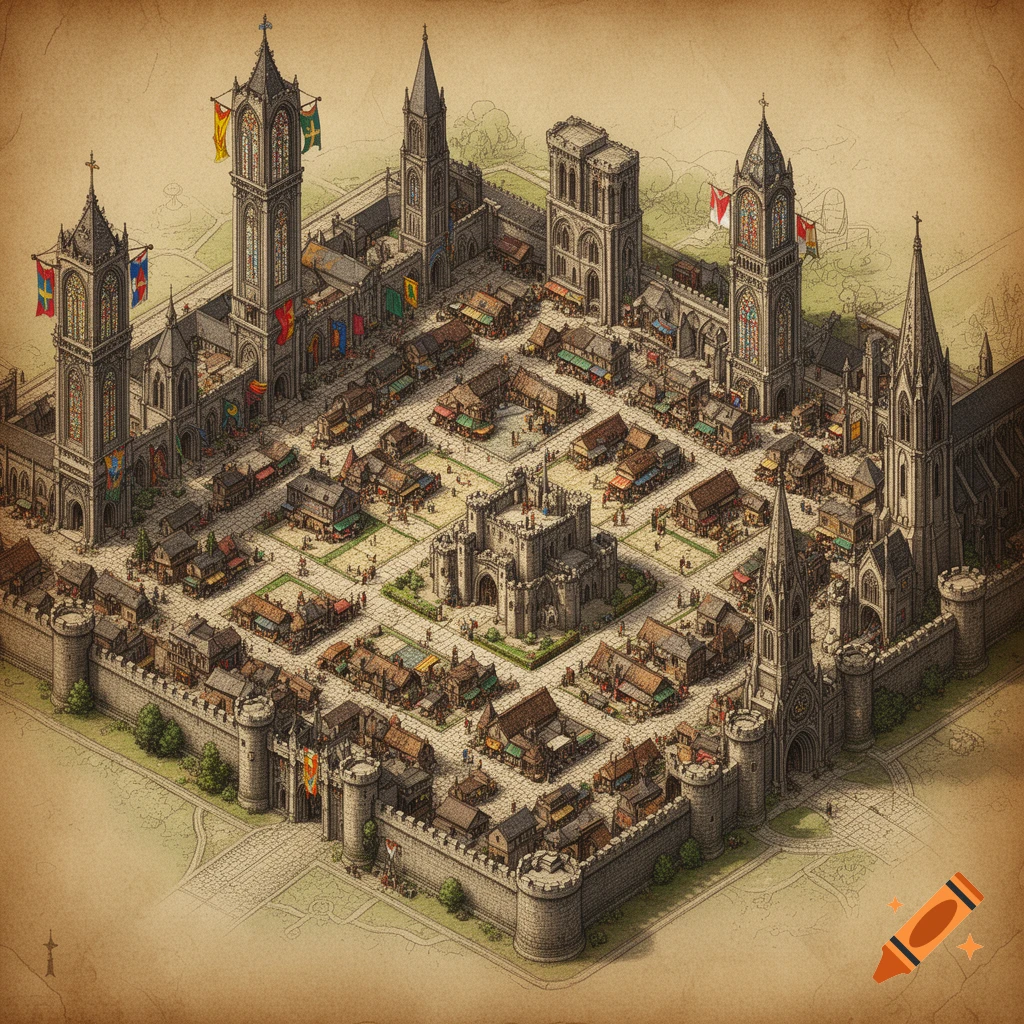 Isometric illustration of a medieval walled city with a central castle, churches, towers, and a bustling market.