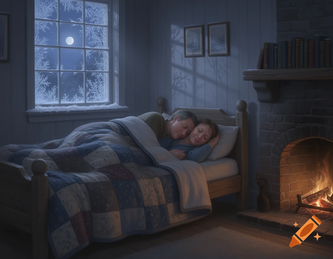 Middle-aged couple sleeps in a cozy bedroom with a roaring fireplace and a frosty winter window.