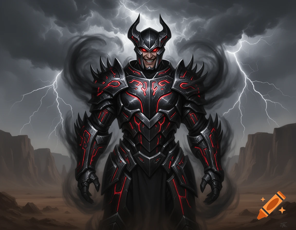 A sinister armored super villain with glowing red eyes and a horned helmet stands in a stormy, lightning-filled desert.