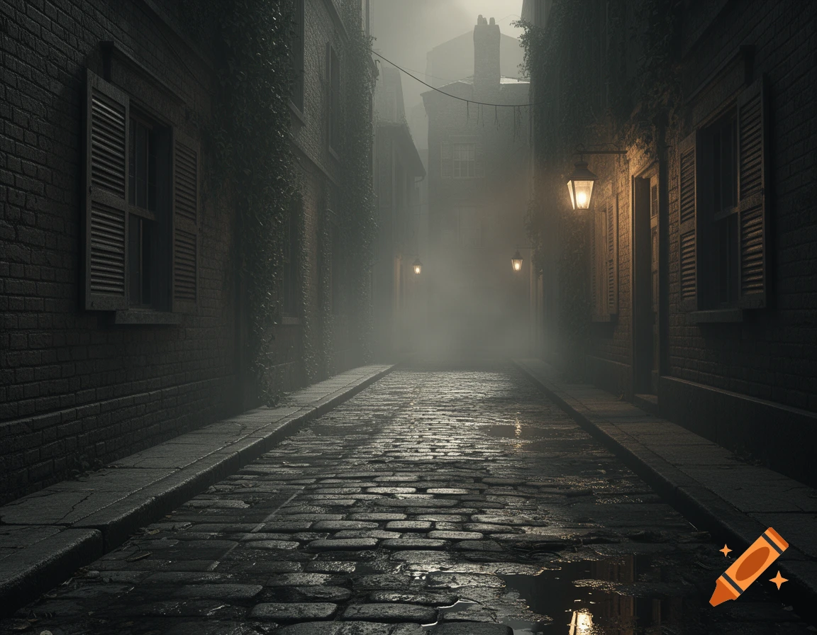A foggy, atmospheric old cobblestone street winding between dark brick buildings, lit by lanterns.