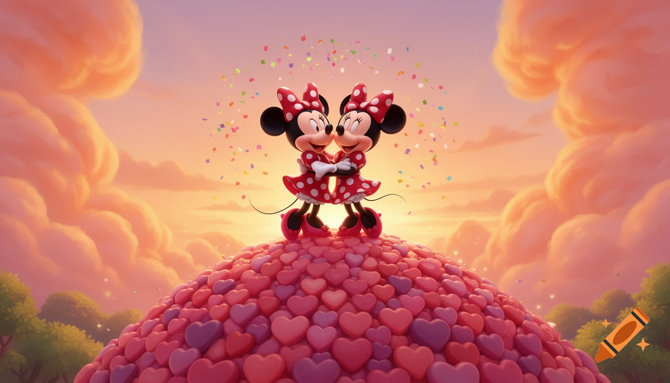 Two Minnie Mouse characters hug on a mountain of hearts with confetti, set against a warm sunset sky in a cartoon style.