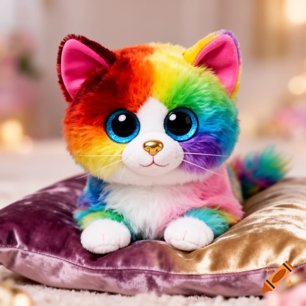 A colorful Ty Beanie Boo plush kitten with rainbow fur, blue glitter eyes, and a gold nose, sitting on a velvet pillow.
