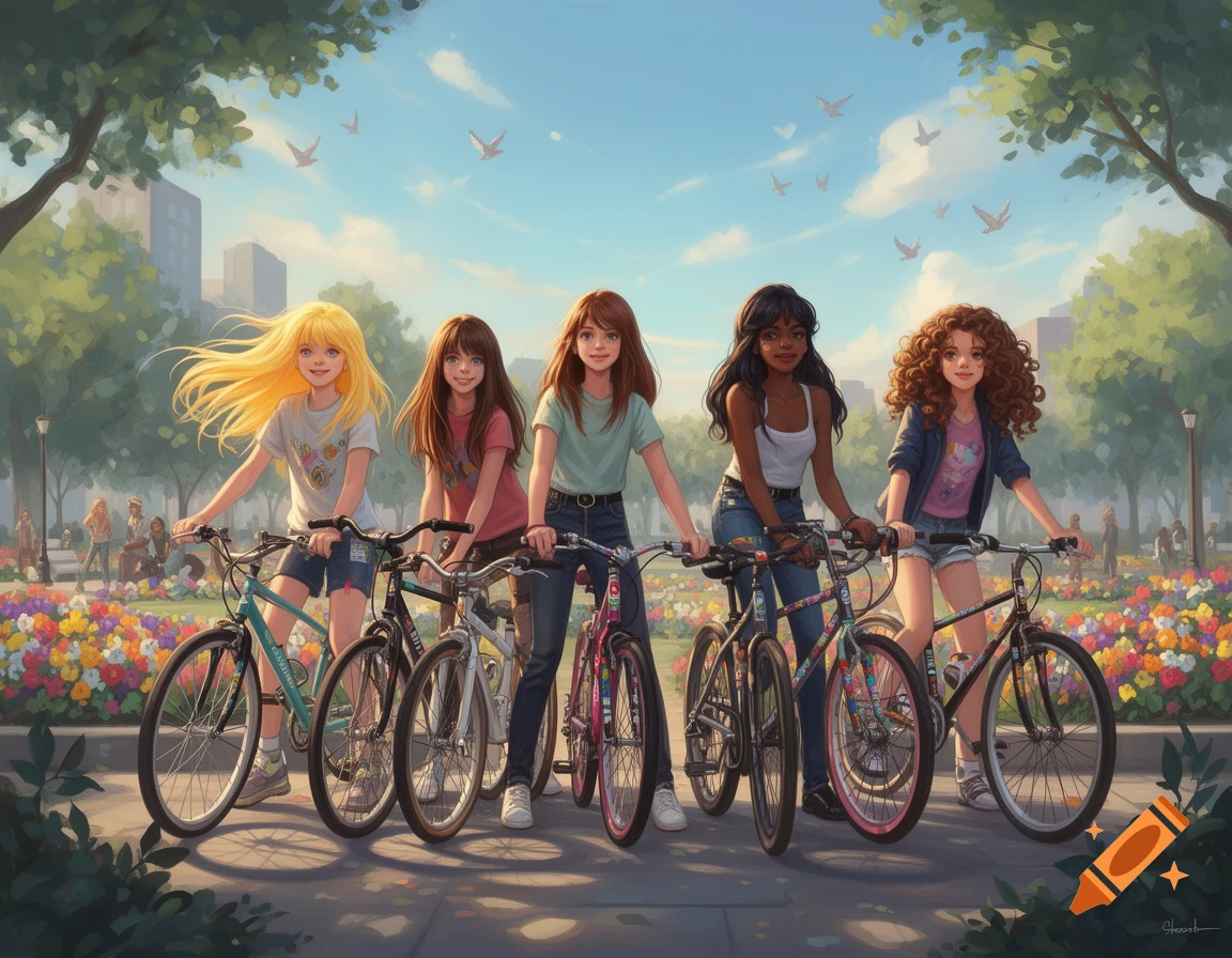 Five diverse girls stand with their bicycles on a park path, surrounded by flowers and trees, in a vibrant illustration.