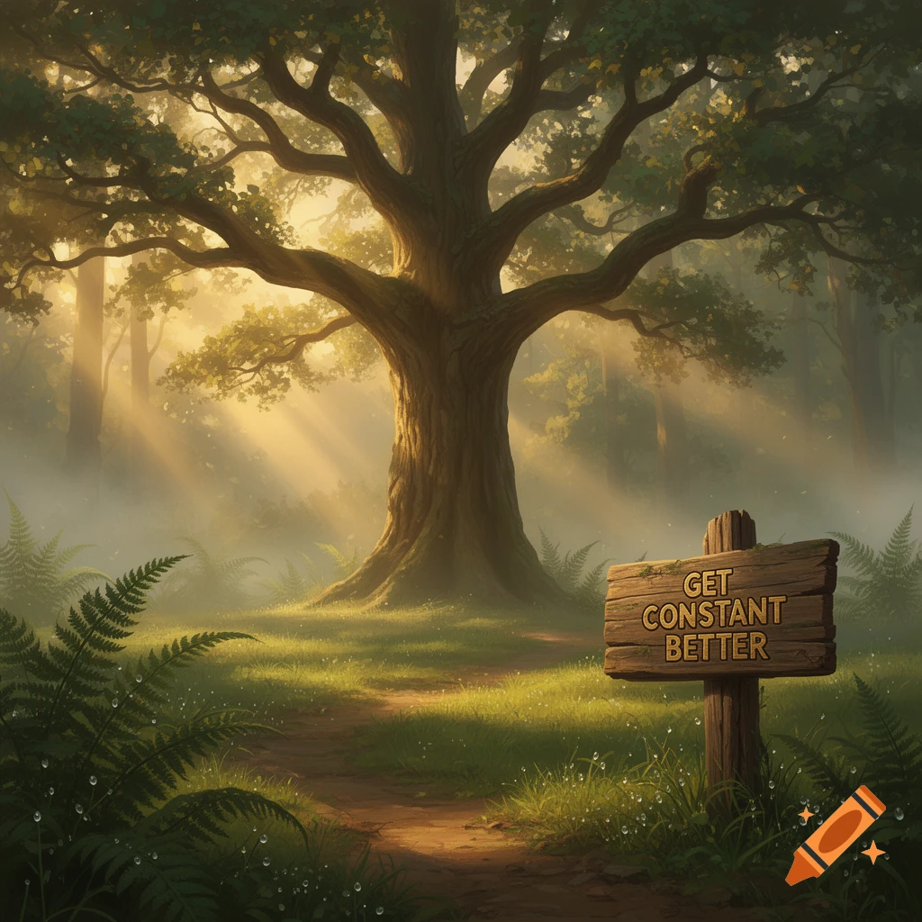 A tranquil forest path leads to a massive tree, with sunbeams piercing through mist. A wooden sign reads 'GET CONSTANT BETTER'.