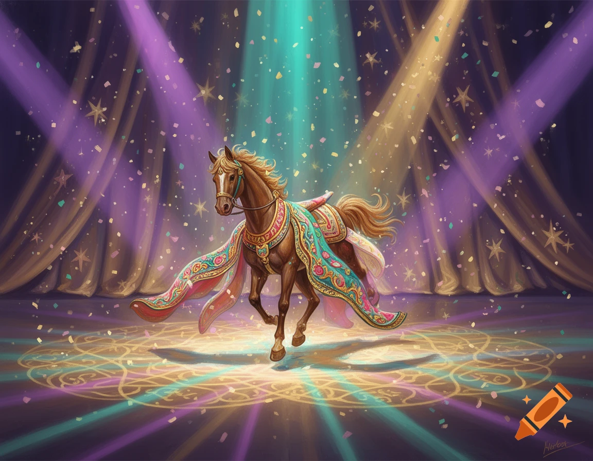 An elaborately dressed brown horse prances on a stage under colorful spotlights, falling confetti, and glowing floor designs.