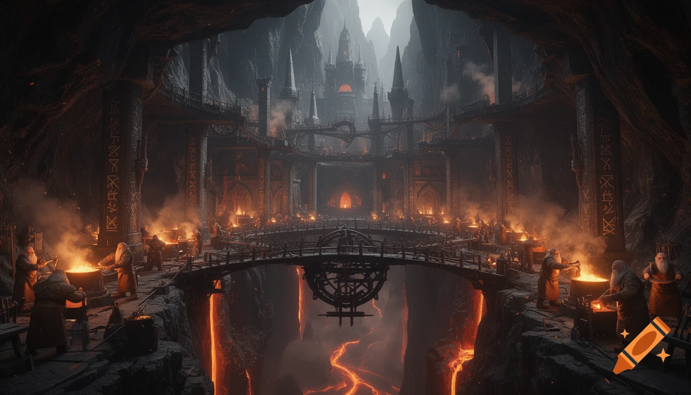 Photorealistic dwarven city in a vast cavern with rune-etched pillars, glowing forges, and dwarves working molten metal over lava.