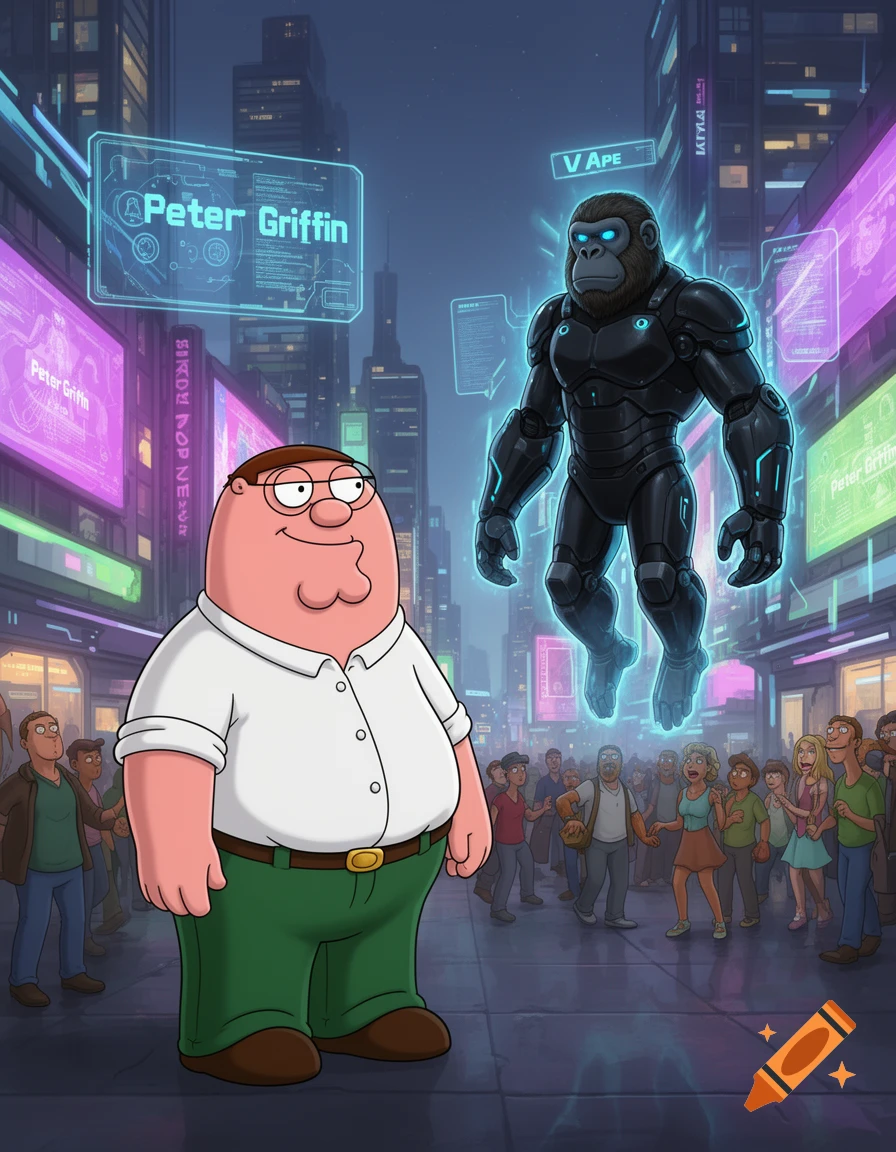 Peter Griffin stands in a futuristic city at night, looking at a floating armored gorilla with glowing blue eyes, surrounded by neon signs and crowds.