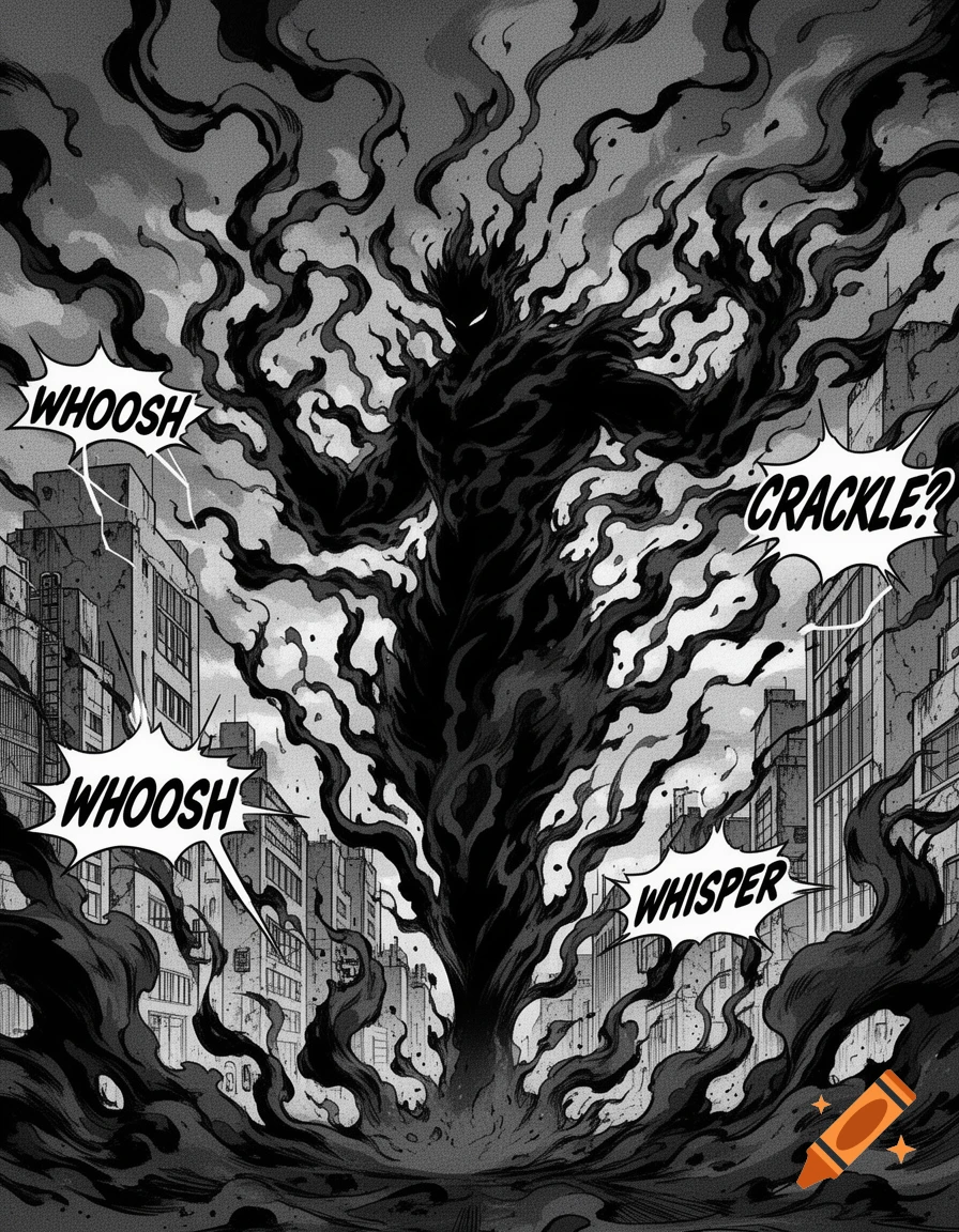 A large, shadowy black mist monster emerges in a cityscape, surrounded by comic book sound effects like 'WHOOSH' and 'CRACKLE?'.