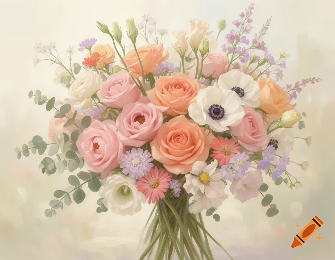 A soft, painterly bouquet featuring pink, apricot, and white roses, anemones, and other spring flowers with eucalyptus greenery.