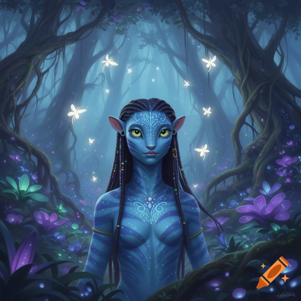A blue-skinned Na'vi character with long braided hair and glowing yellow eyes stands in a vibrant, bioluminescent jungle.