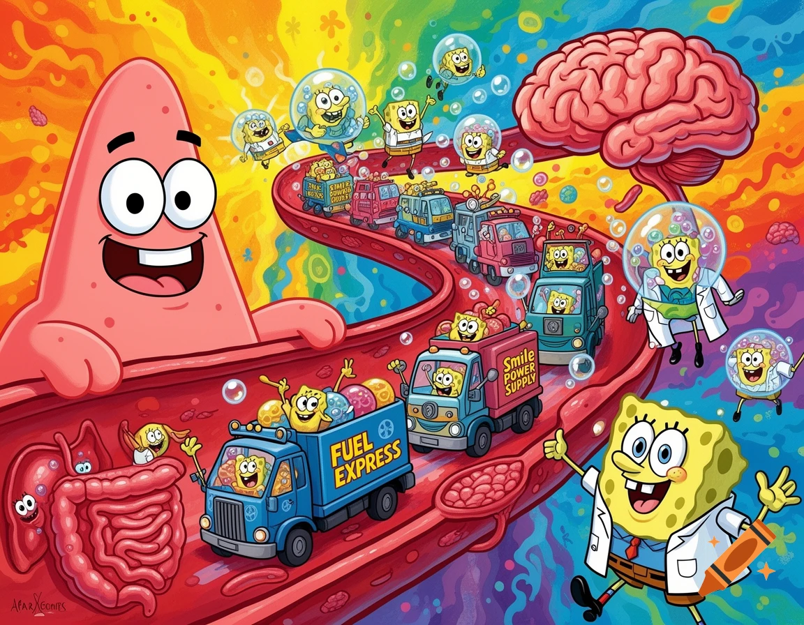 Vibrant cartoon depicting Spongebob characters as nutrients in trucks moving through Patrick's bloodstream to organs, with a Spongebob doctor nearby.