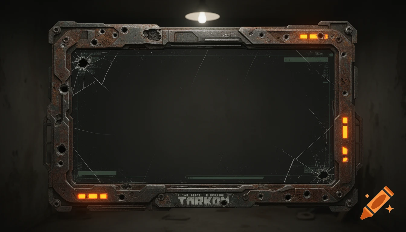 A dark, rusty, metallic 'Escape from Tarkov' stream frame with bullet holes, a cracked screen, and orange lights.