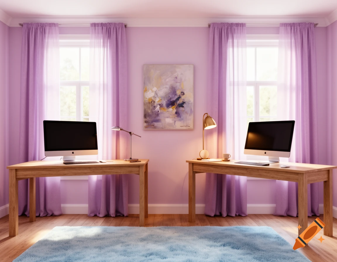 A pastel purple home office with two wooden desks, each with a computer and a lamp, in front of large windows with sheer purple curtains, and a light blue rug on a wooden floor.
