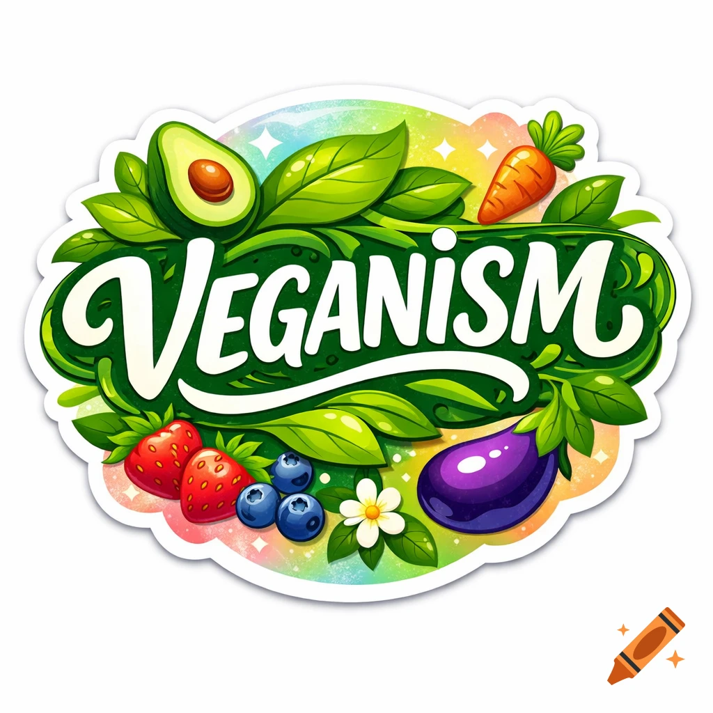 A vibrant sticker with 'VEGANISM' in white letters, surrounded by cartoon illustrations of avocado, berries, carrots, and eggplant.