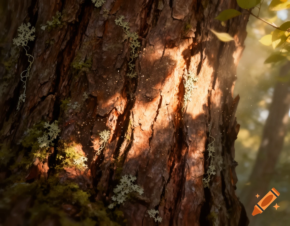Close-up of sunlit tree bark with lichen, dappled light and glowing dust in a photorealistic style.