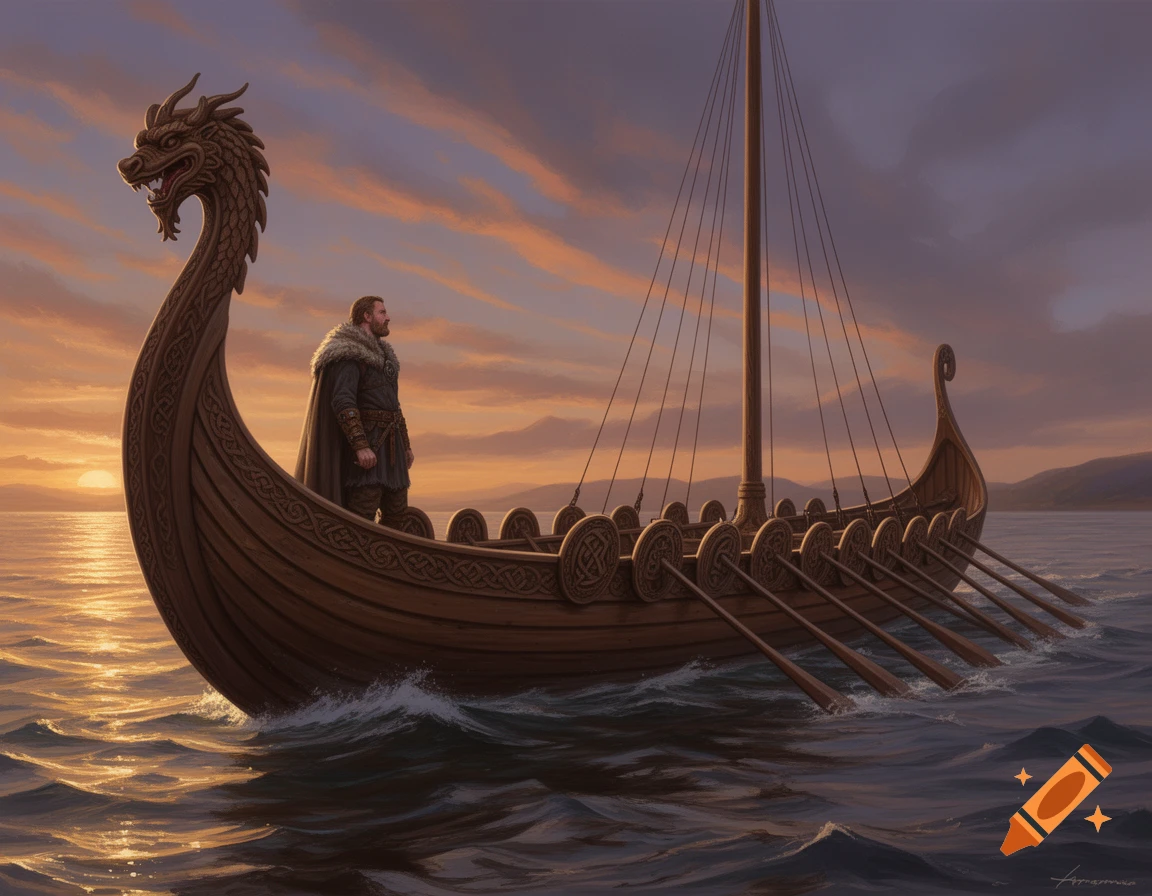 A bearded man in a cloak stands on a detailed Viking longship with a dragon figurehead, sailing on water at sunset.