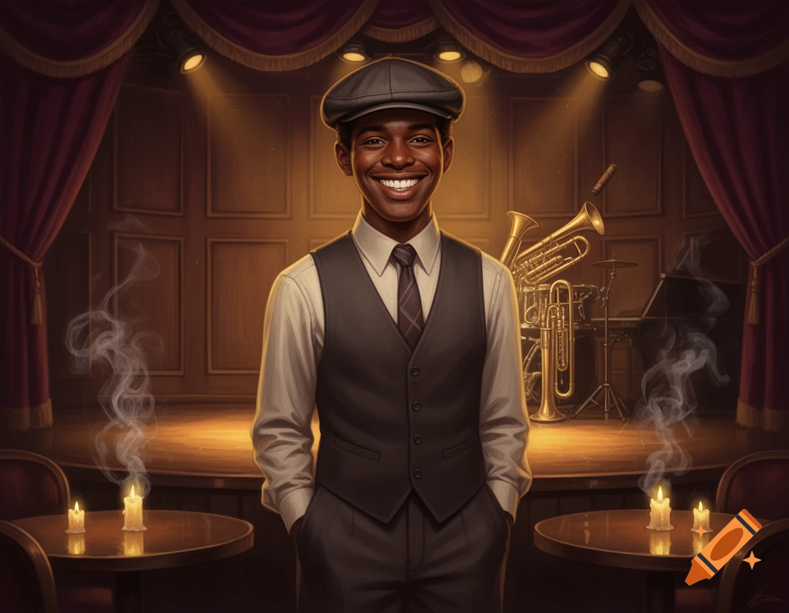 A smiling Black man in a newsboy cap and vest stands on a stage in a vintage jazz lounge, with instruments behind him and candles on tables.