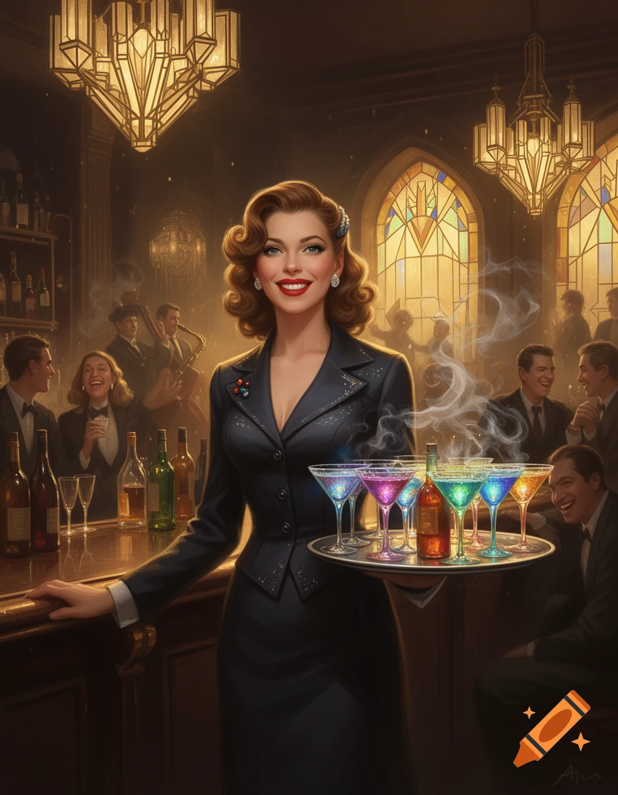 A smiling cocktail waitress in a bar, holding a tray of colorful glowing drinks, in a vintage art deco style.