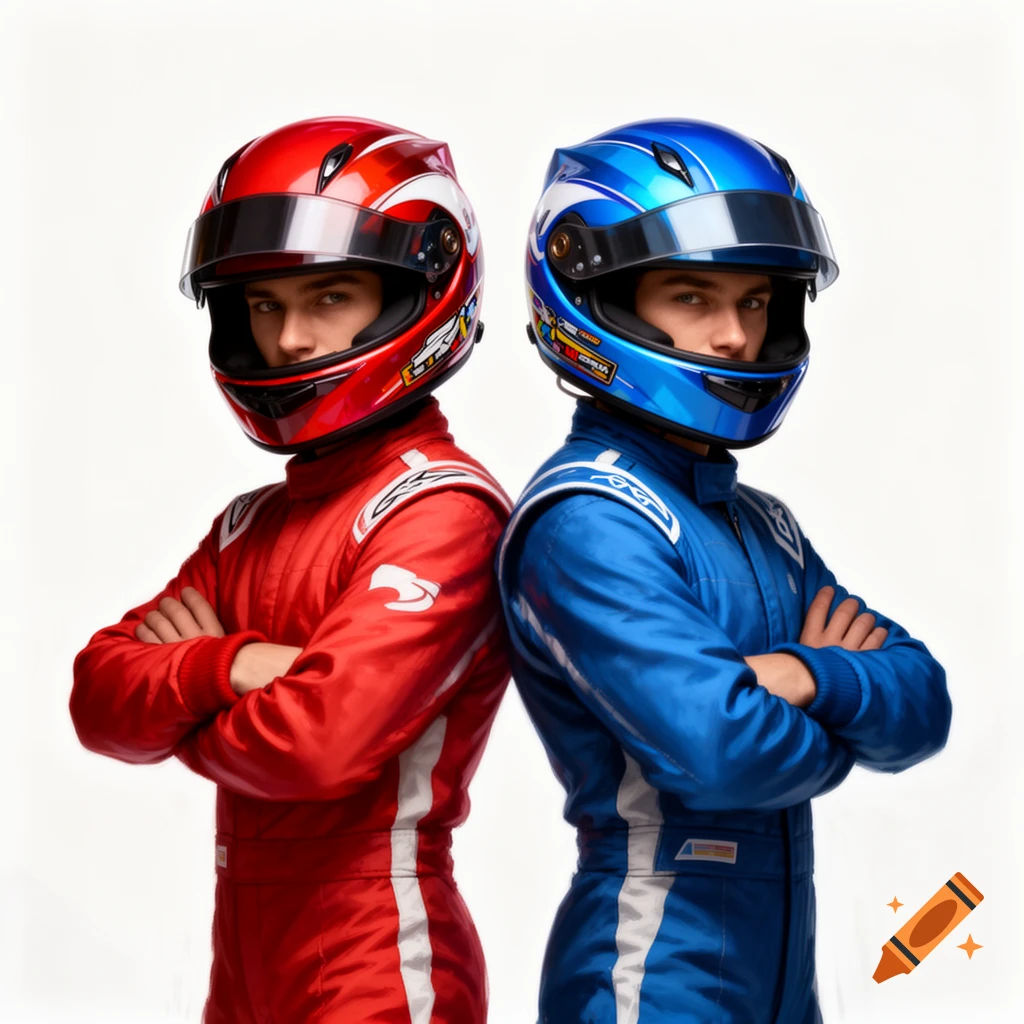 Two young men in red and blue racing suits and helmets stand back to back, looking towards the camera with crossed arms on a white background.