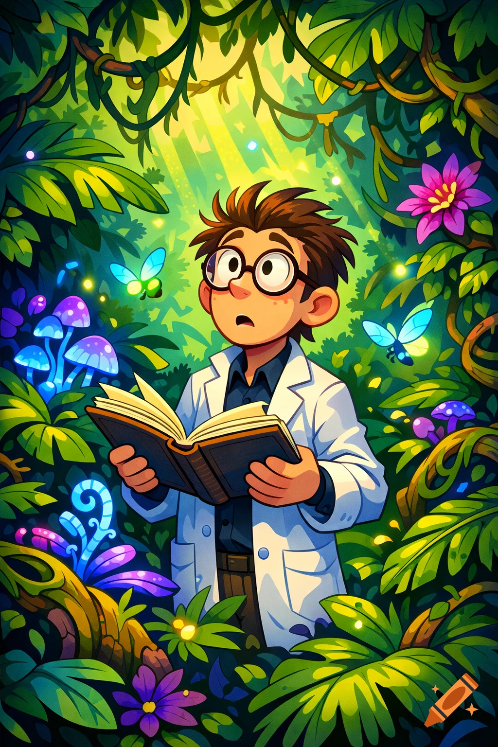 Cartoon illustration of a wide-eyed scientist in a lab coat holding a book in a vibrant jungle with glowing plants and butterflies.