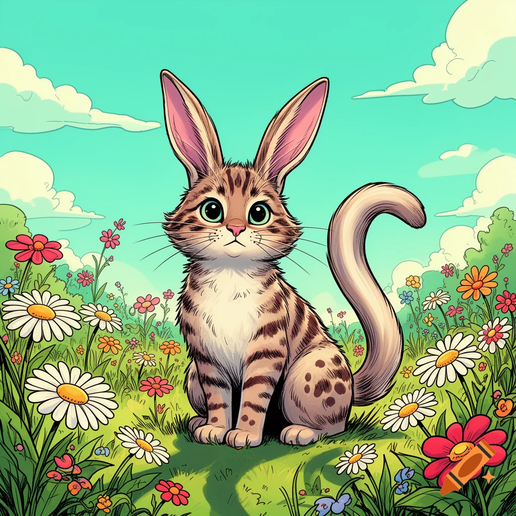 Cartoon cat with long rabbit ears and a long tail sits in a sunny field of colorful flowers under a blue sky.
