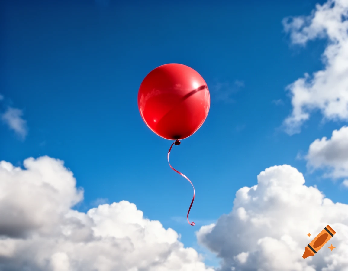 A vibrant red balloon with a long ribbon floats high in a clear blue sky, surrounded by fluffy white clouds.