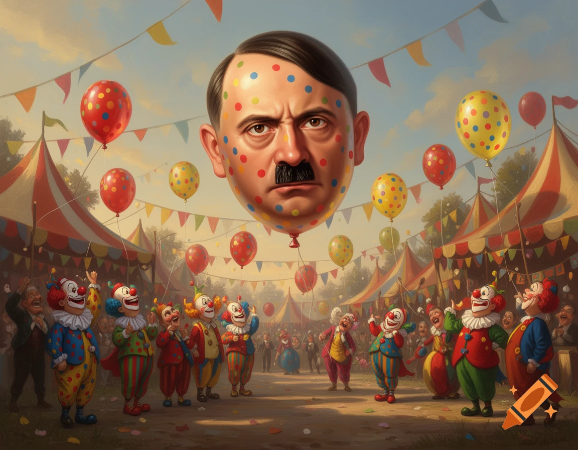 A large, polka-dotted balloon head of Hitler floats above a colorful carnival scene with numerous smiling clowns.
