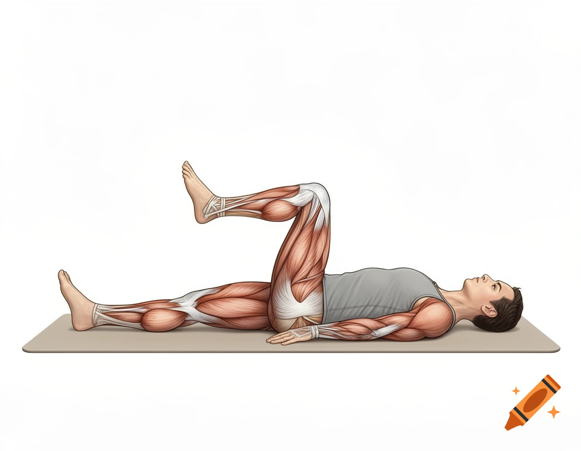 Medical illustration of a person lying supine on a mat, left leg straight, right leg bent at the knee, showing muscle groups.