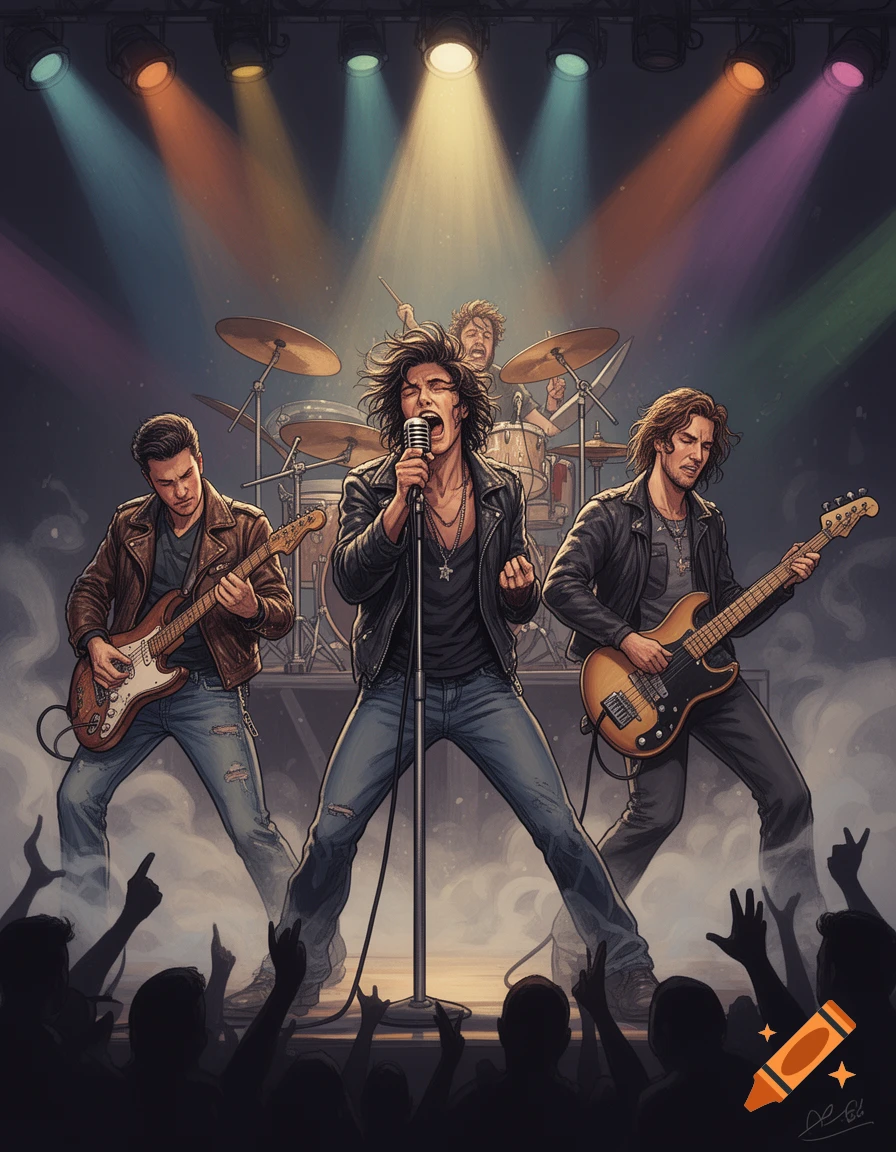 A stylized illustration of a rock band performing on stage under colorful spotlights, with a vocalist, two guitarists, and a drummer.
