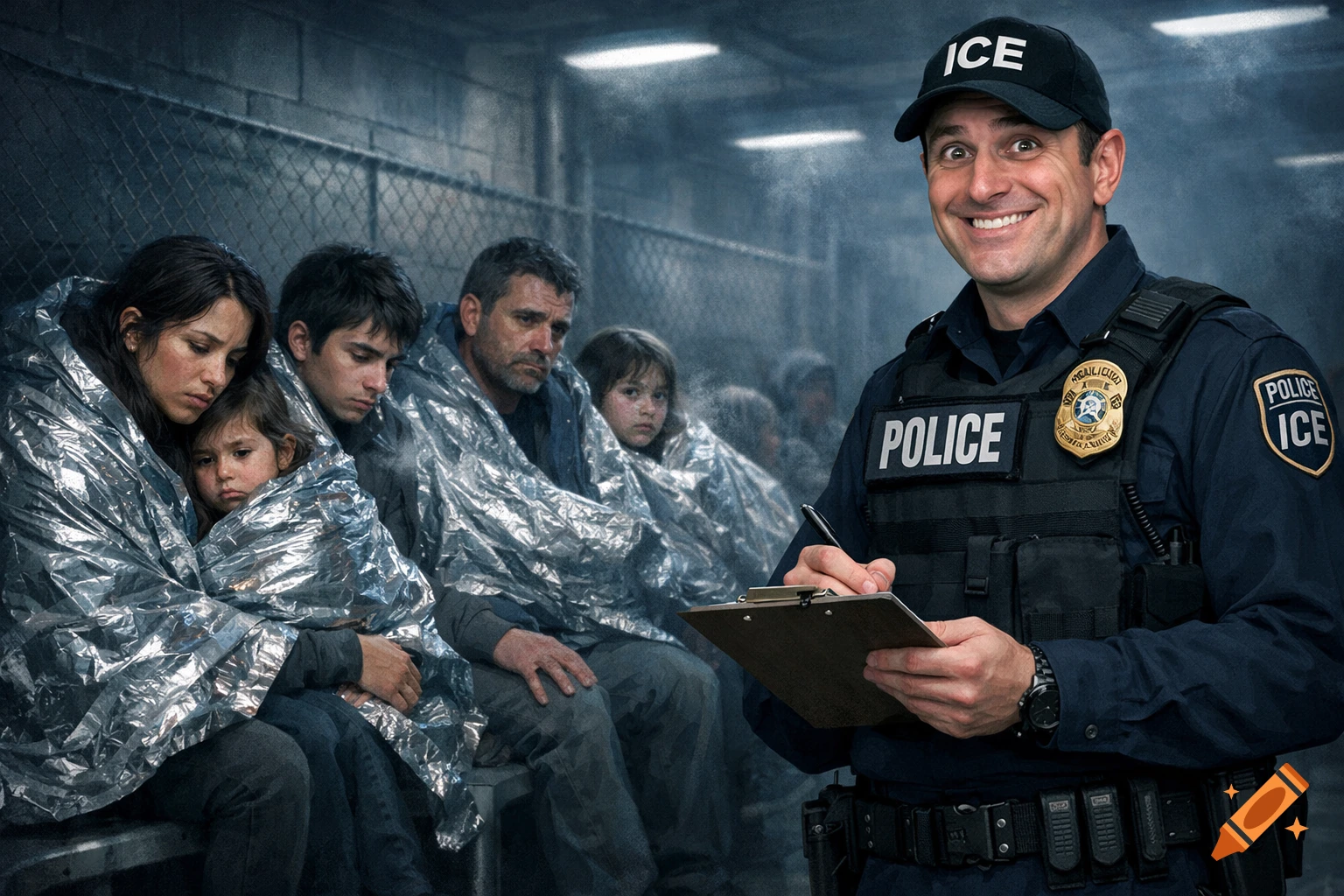 ICE agent with a forced smile holding a clipboard near a distressed family wrapped in foil blankets in a detention center.