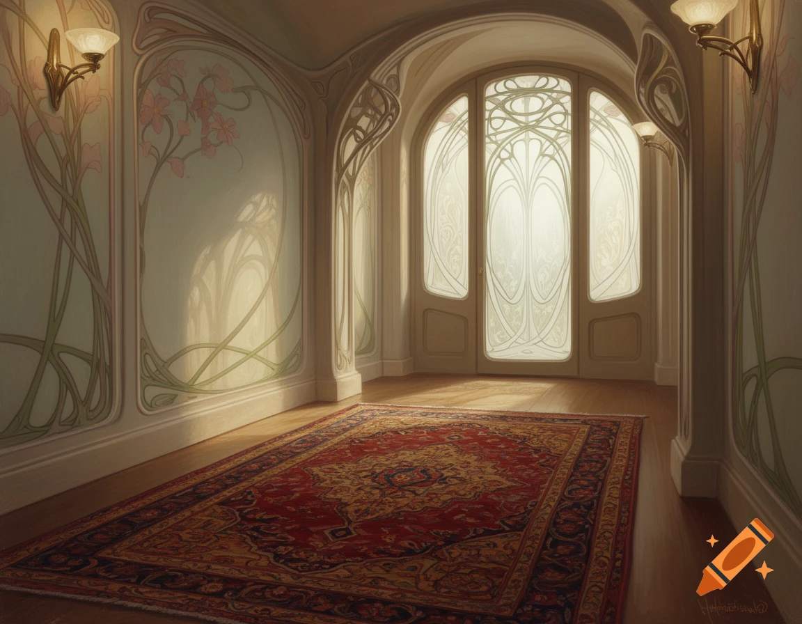 An elegant Art Nouveau hallway with an arched glass door, floral wall decorations, two sconces, and a large red Persian rug on a wooden floor.