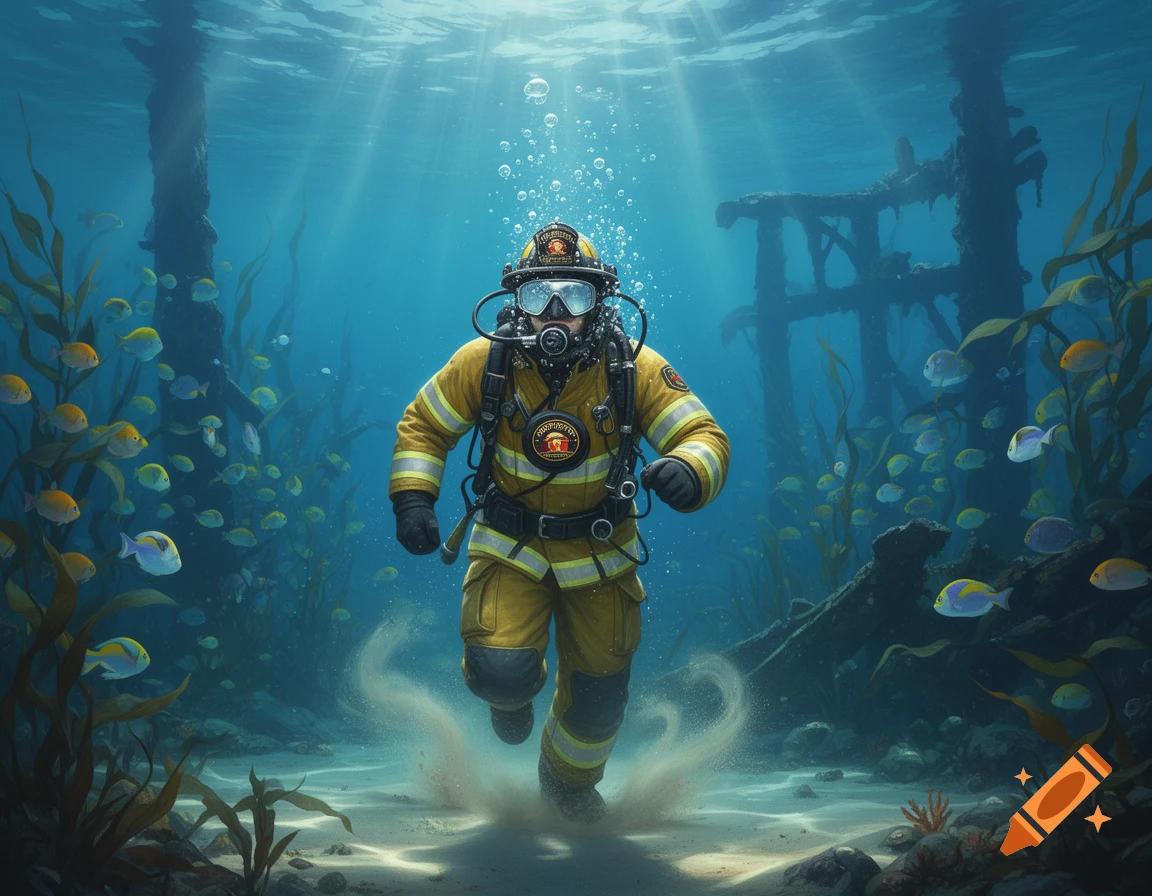 A firefighter in full gear runs on the sandy ocean floor, stirring up sediment, surrounded by kelp and schools of colorful fish.