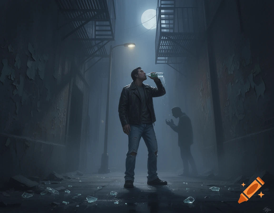 A man in a leather jacket drinks from a bottle in a dark, misty urban alleyway with a street lamp and another figure in the background at night.