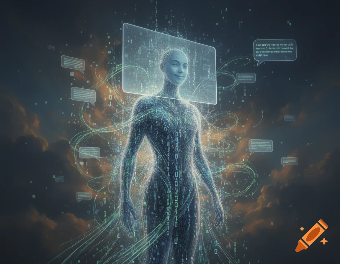 Glowing humanoid figure made of code, surrounded by digital streams and garbled speech bubbles, against a cloudy sky.