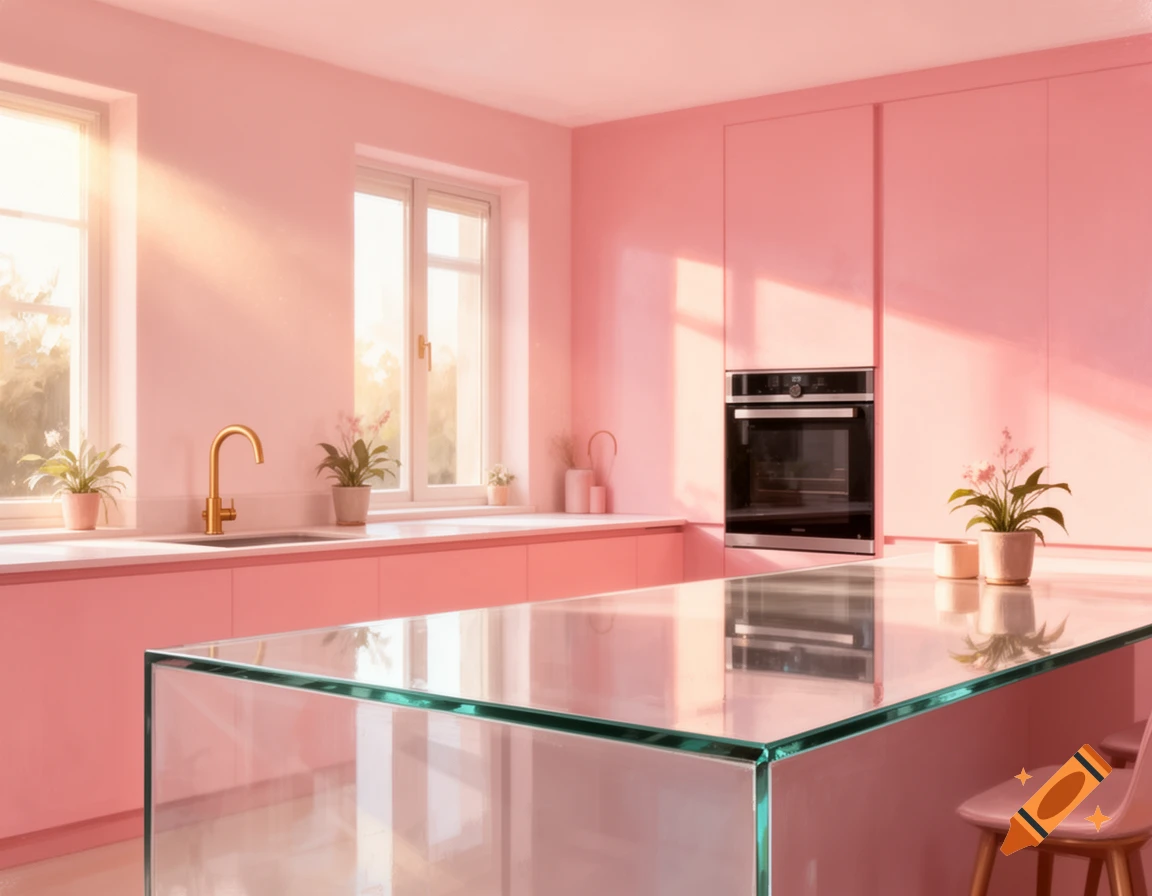 Bright modern pink kitchen with a gold faucet, oven, potted plants, and sunlight on a clear glass island counter.