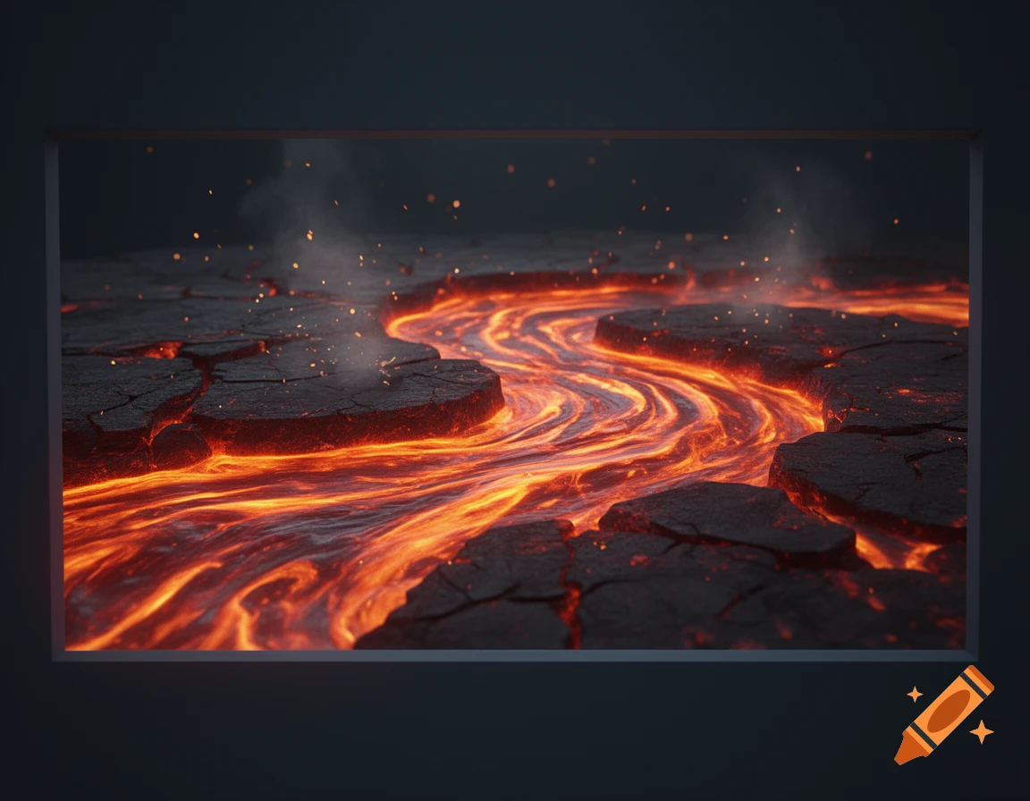 A vibrant river of glowing orange and red lava flows through dark, cracked volcanic rock, with sparks and smoke rising.